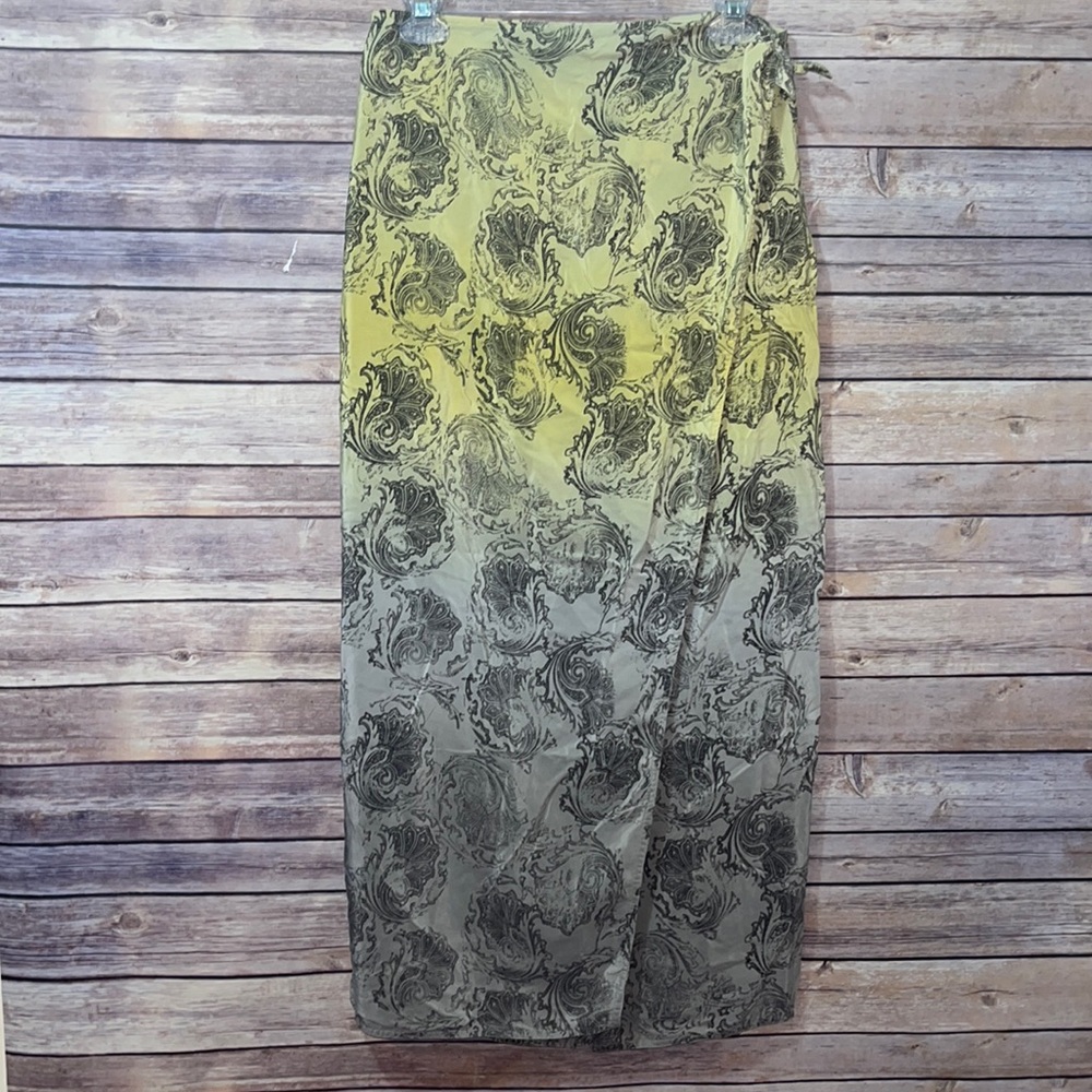 ELLEN TRACY LINDA ALLARD 100% Silk Print Skirt Size Small Yellow Gray F1